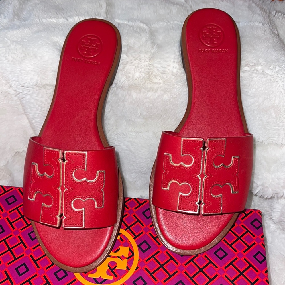 GREAT CONDITION TORY BURCH INES SLIDE RED/GOLD